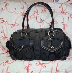 Coach Black Signature Canvas Satchel with Dual Front Pockets